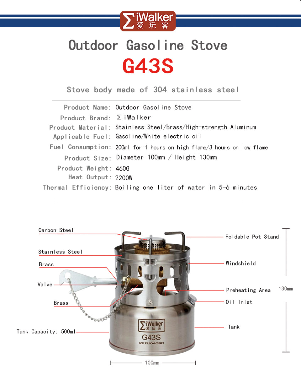 The IWALKER G43S is a compact and portable gasoline stove, which is suitable for cooking during backpacking, mountaineering, hiking and camping trips.