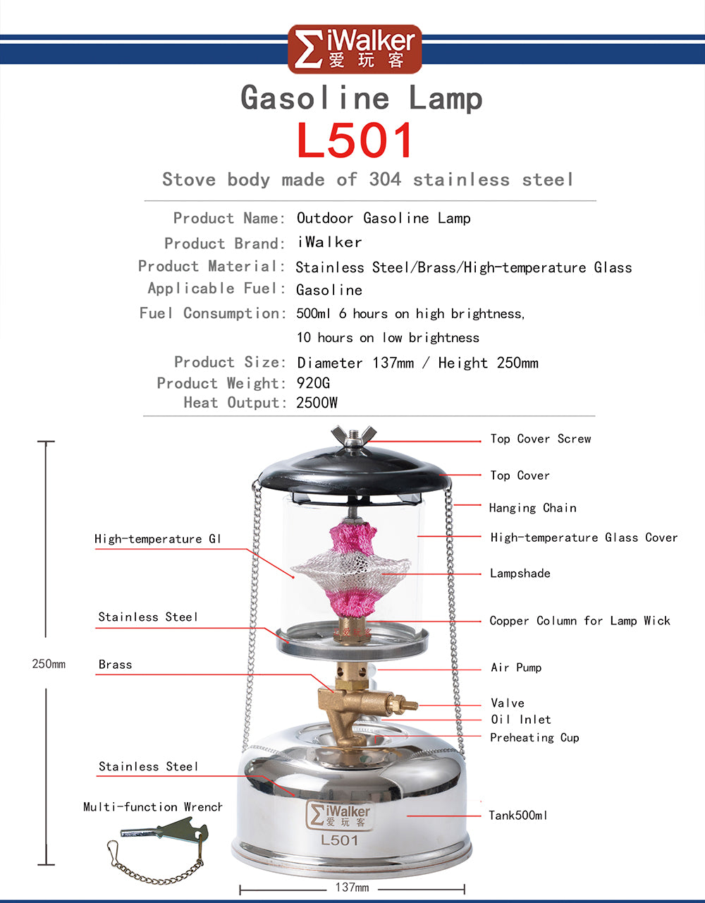 IWALKER L501 Camping Lantern Portable Gasoline Lamp